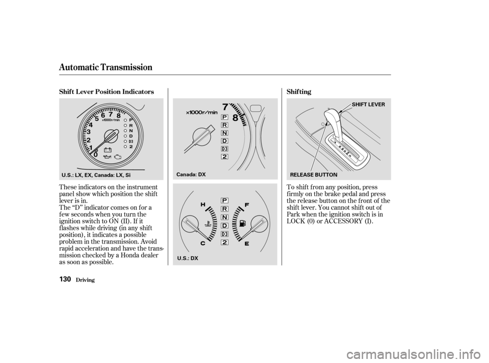 HONDA CIVIC COUPE 2004 7.G Owners Manual These indicators on the instrument 
panel show which position the shif t
lever is in.To shif t f rom any position, press
f irmly on the brake pedal and press
the release button on the front of the
shi