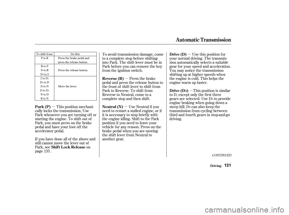 HONDA CIVIC COUPE 2004 7.G Owners Manual µ
µ µ
µ
µ
To shift from: PtoR 
RtoP
NtoR
Dto2 
2toD
DtoD DtoN
DtoD NtoDRtoN Do this:
Press the brake pedal and
press the release button. 
Press the release button. 
Move the lever.
3
3
3 3
3