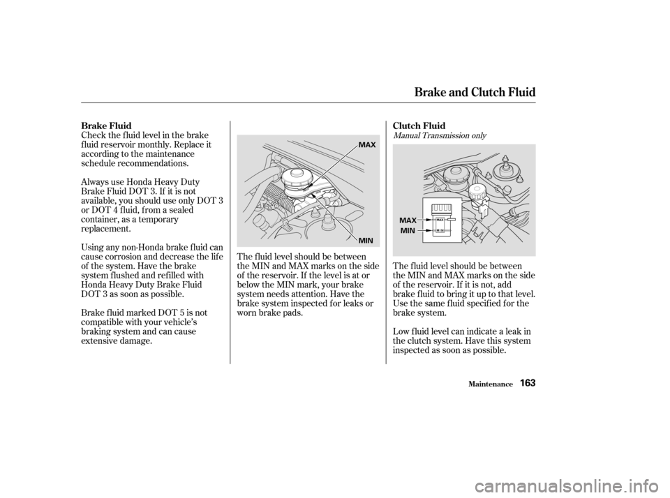 HONDA CIVIC COUPE 2004 7.G Owners Manual Check the f luid level in the brake 
f luid reservoir monthly. Replace it
according to the maintenance
schedule recommendations. 
Always use Honda Heavy Duty 
Brake Fluid DOT 3. If it is not
available