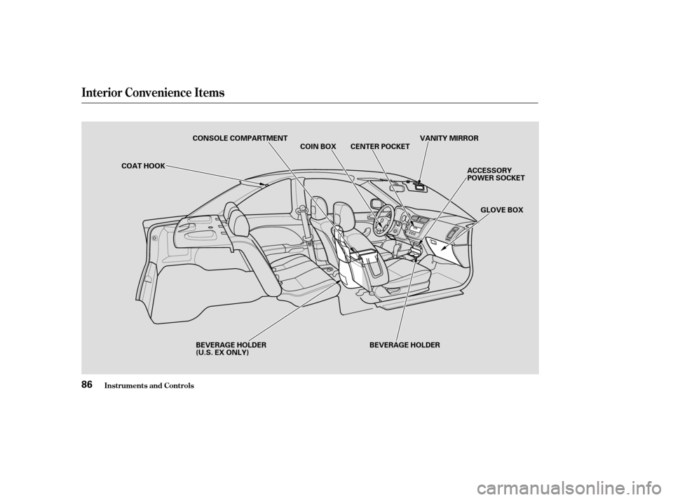 HONDA CIVIC COUPE 2004 7.G Manual Online Inst rument s and Cont rols
Interior Convenience Items
86
VANITY MIRRORGLOVE BOX
CONSOLE COMPARTMENT
COIN BOX CENTER POCKET
ACCESSORY 
POWER SOCKET
COAT HOOK
BEVERAGE HOLDER
BEVERAGE HOLDER
(U.S. EX O