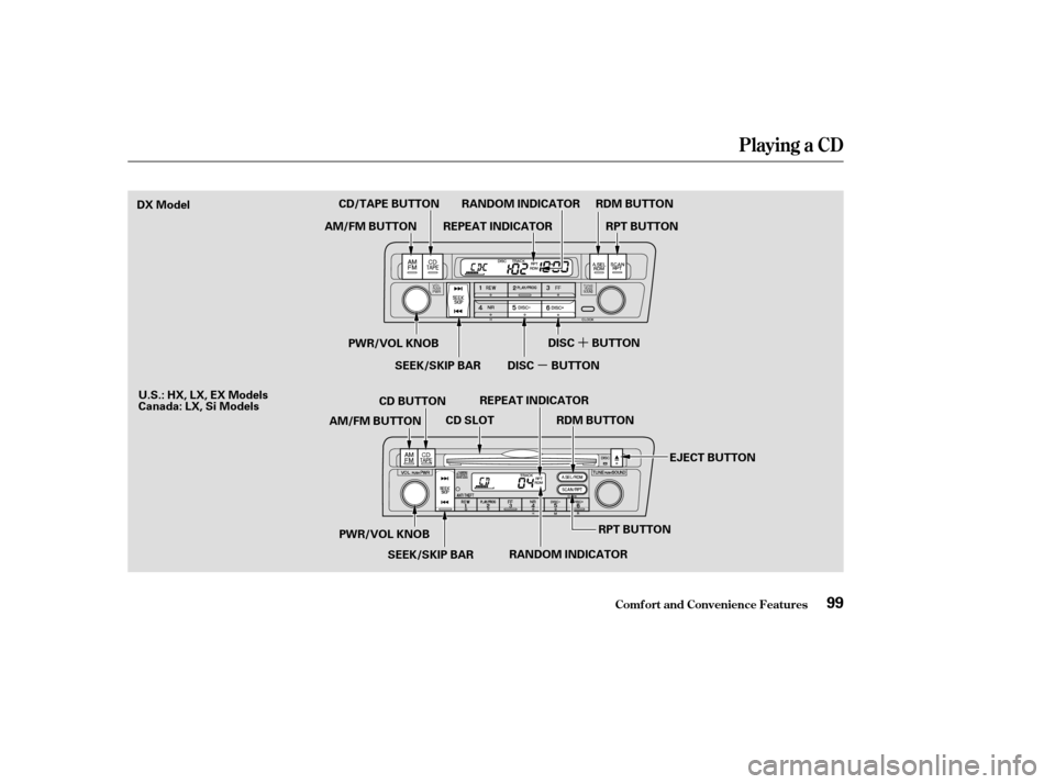 HONDA CIVIC COUPE 2004 7.G Owners Manual µ´
Playing a CD
Comf ort and Convenience Feat ures99
RPT BUTTON
CD/TAPE BUTTON
AM/FM BUTTON
SEEK/SKIP BAR DISC BUTTON RDM BUTTON
AM/FM BUTTON CD BUTTON
CD SLOTREPEAT INDICATOR
RANDOM INDICATOR RPT