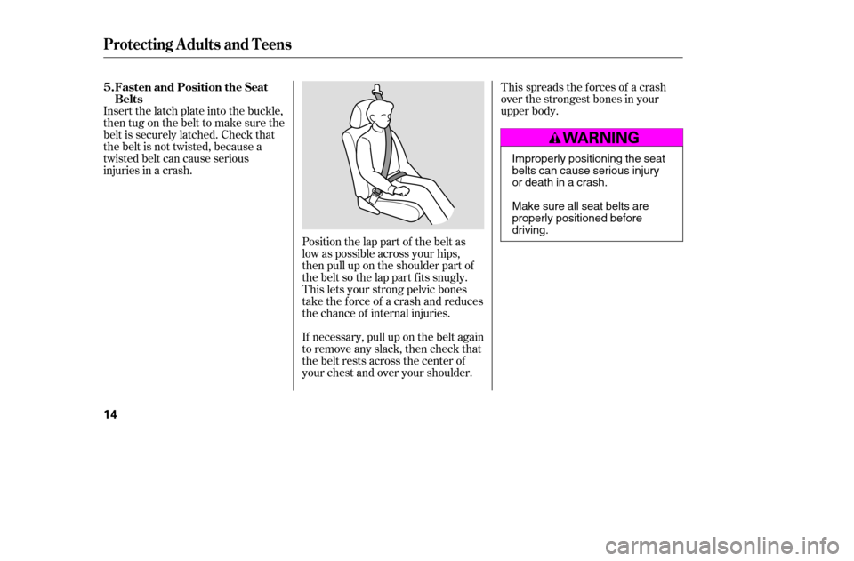 HONDA CIVIC COUPE 2005 7.G User Guide This spreads the f orces of a crash 
over the strongest bones in your
upper body.
Insert the latch plate into the buckle,
then tug on the belt to make sure the
belt is securely latched. Check that
the