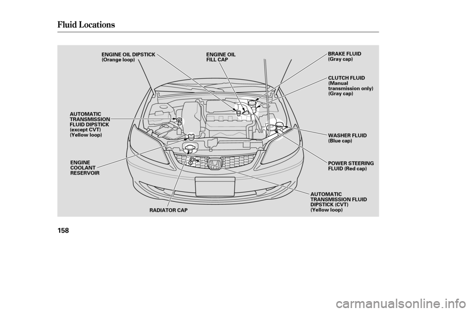 HONDA CIVIC COUPE 2005 7.G Owners Manual Fluid Locations
158
BRAKE FLUID 
(Gray cap)WASHER FLUID
(Blue cap) 
POWER STEERING 
FLUID (Red cap)
AUTOMATIC
TRANSMISSION FLUID
DIPSTICK (CVT)
(Yellow loop)
RADIATOR CAP
ENGINE
COOLANT
RESERVOIR ENGI