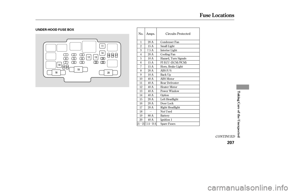 HONDA CIVIC COUPE 2005 7.G Owners Manual µ
µ
µ
CONT INUED
No. Amps. Circuits Protected
1 23456789
1011121314151617181920 20 A
15 A
7.5 A
20 A
10 A
15 A
15 A
20 A
10 A
40 A
40 A
40 A
40 A
40 A
20 A
20 A
20 A 
80 A 
40 A Condenser Fan
Sm