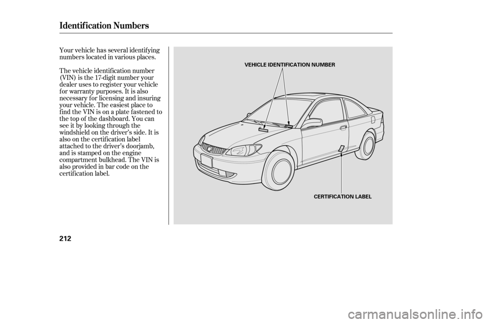 HONDA CIVIC COUPE 2005 7.G Owners Manual Your vehicle has several identif ying 
numbers located in various places. 
The vehicle identif ication number 
(VIN) is the 17-digit number your
dealer uses to register your vehicle
f or warranty purp