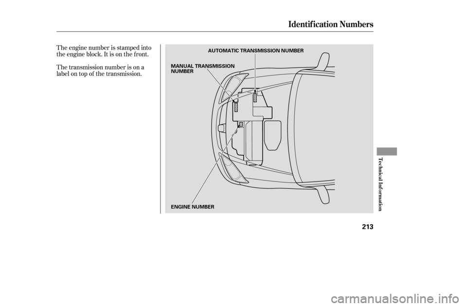 HONDA CIVIC COUPE 2005 7.G Owners Manual The engine number is stamped into 
the engine block. It is on the f ront. 
The transmission number is on a 
label on top of the transmission.
Identif ication Numbers
T echnical Inf ormation
213
AUTOMA