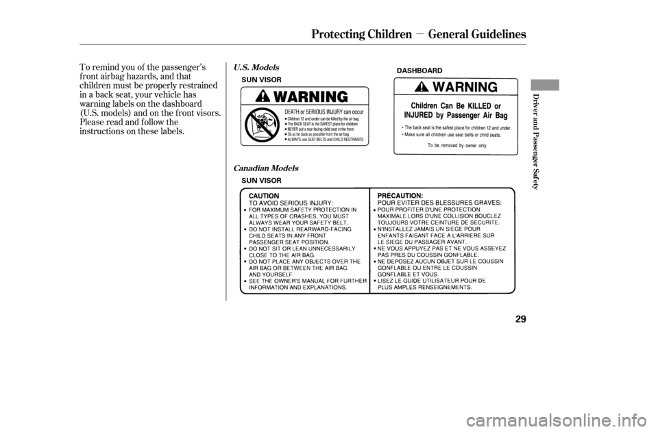 HONDA CIVIC COUPE 2005 7.G Owners Manual µ
To remind you of the passenger’s 
f ront airbag hazards, and that
children must be properly restrained
in a back seat, your vehicle has
warninglabelsonthedashboard
(U.S. models) and on the f ron
