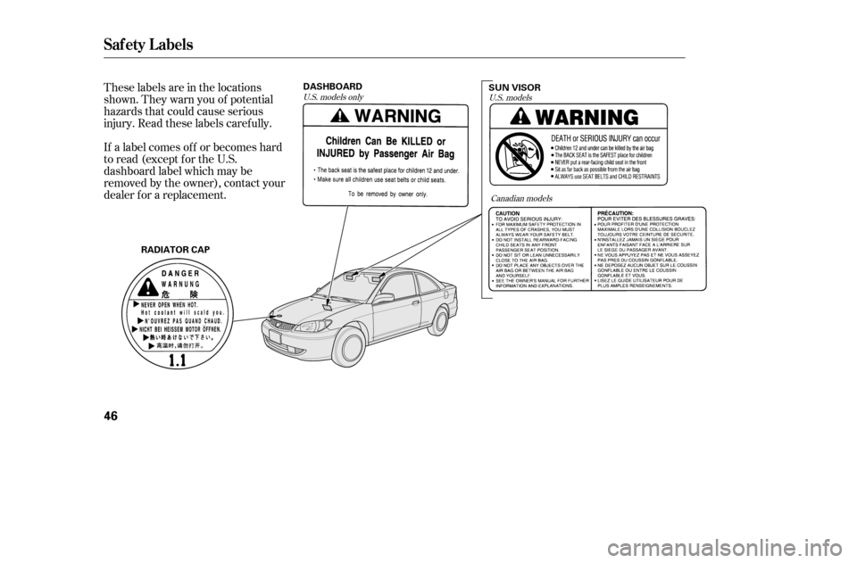 HONDA CIVIC COUPE 2005 7.G Service Manual These labels are in the locations 
shown. They warn you of potential
hazards that could cause serious
injury. Read these labels caref ully. 
If a label comes of f or becomes hard 
to read (except for 