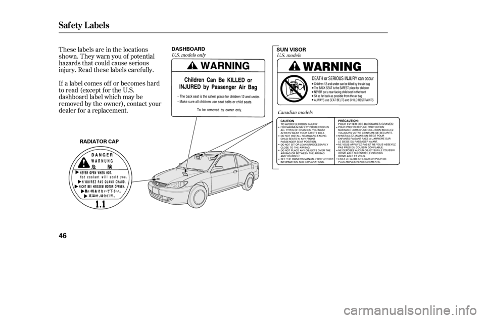 HONDA CIVIC COUPE 2005 7.G Owners Manual These labels are in the locations 
shown. They warn you of potential
hazards that could cause serious
injury. Read these labels caref ully. 
If a label comes of f or becomes hard 
to read (except for 