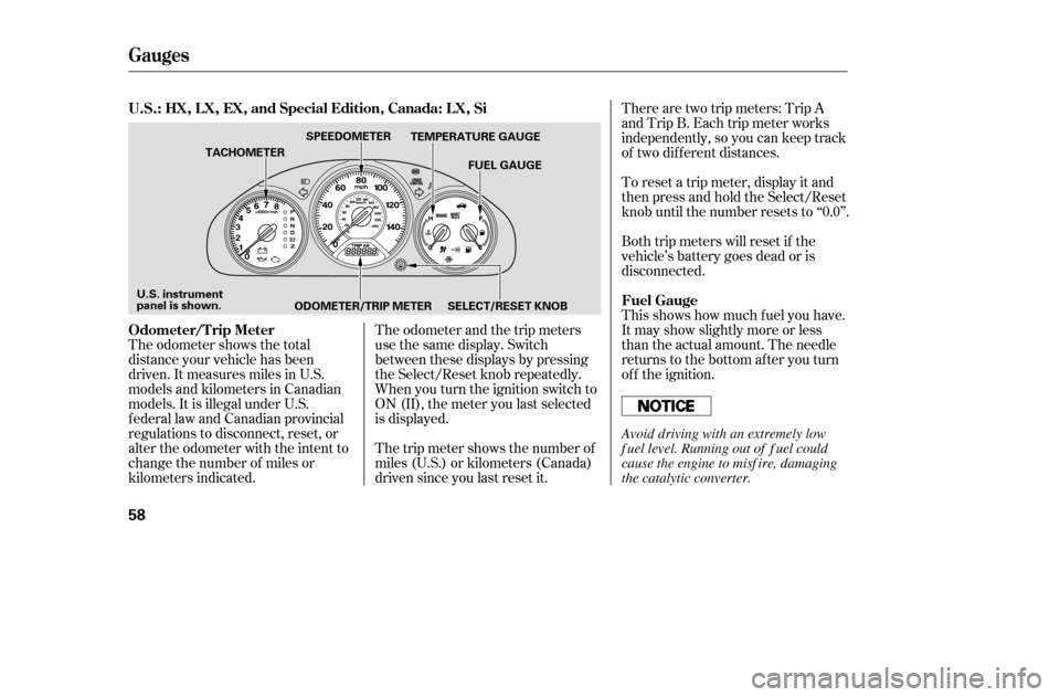 HONDA CIVIC COUPE 2005 7.G Workshop Manual The odometer shows the total 
distance your vehicle has been
driven. It measures miles in U.S.
models and kilometers in Canadian
models. It is illegal under U.S.
federal law and Canadian provincial
re
