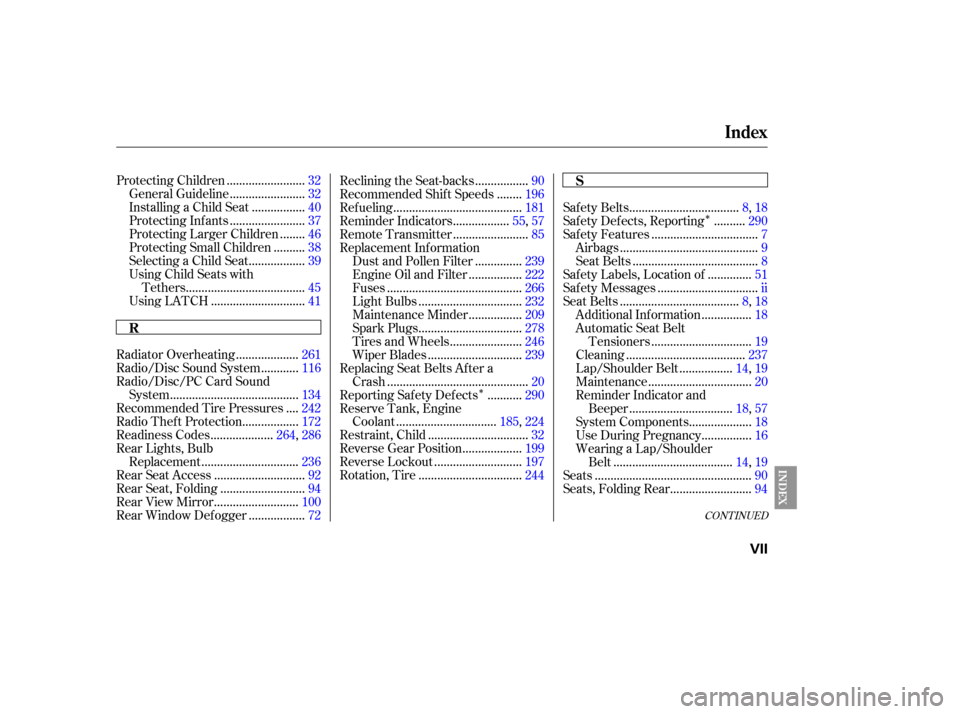 HONDA CIVIC COUPE 2006 8.G Owners Manual ÎÎ
CONT INUED
........................
Protecting Children .32
.......................
General Guideline .32
................
Installing a Child Seat .40
.......................
Protecting Inf ant