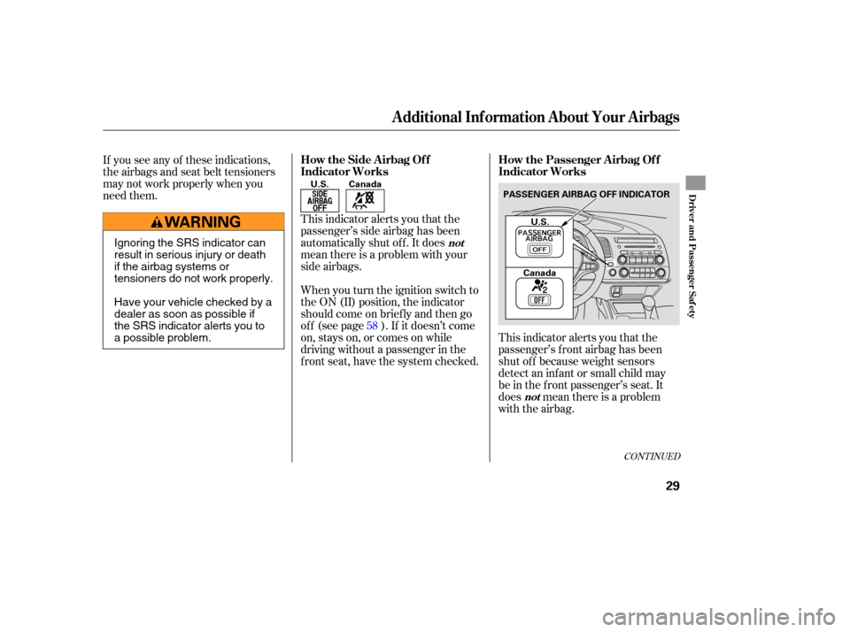HONDA CIVIC COUPE 2006 8.G Owners Guide This indicator alerts you that the
passenger’s f ront airbag has been
shut of f because weight sensors
detect an inf ant or small child may
be in the f ront passenger’s seat. It
does mean there is
