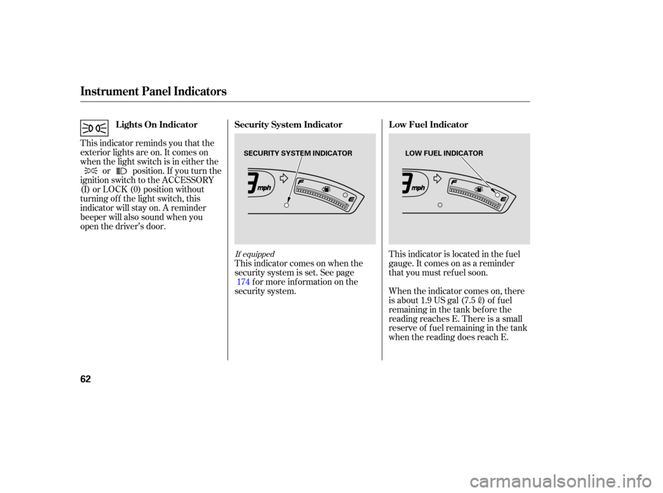 HONDA CIVIC COUPE 2006 8.G Repair Manual This indicator is located in the f uel
gauge. It comes on as a reminder
that you must ref uel soon.
This indicator reminds you that the
exterior lights are on. It comes on
when the light switch is in 