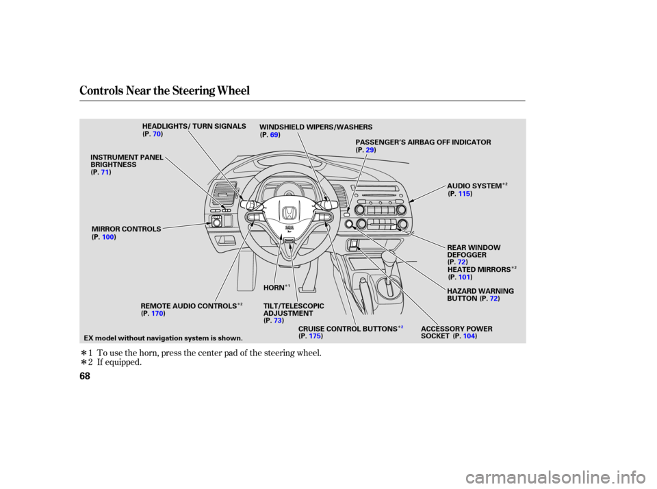 HONDA CIVIC COUPE 2006 8.G Owners Manual Î
Î
ÎÎ
Î Î
Î
To use the horn, press the center pad of the steering wheel.
If equipped.
1
2
Controls Near the Steering Wheel
68
REAR WINDOW
DEFOGGER
WINDSHIELD WIPERS/WASHERS
PASSENGER’