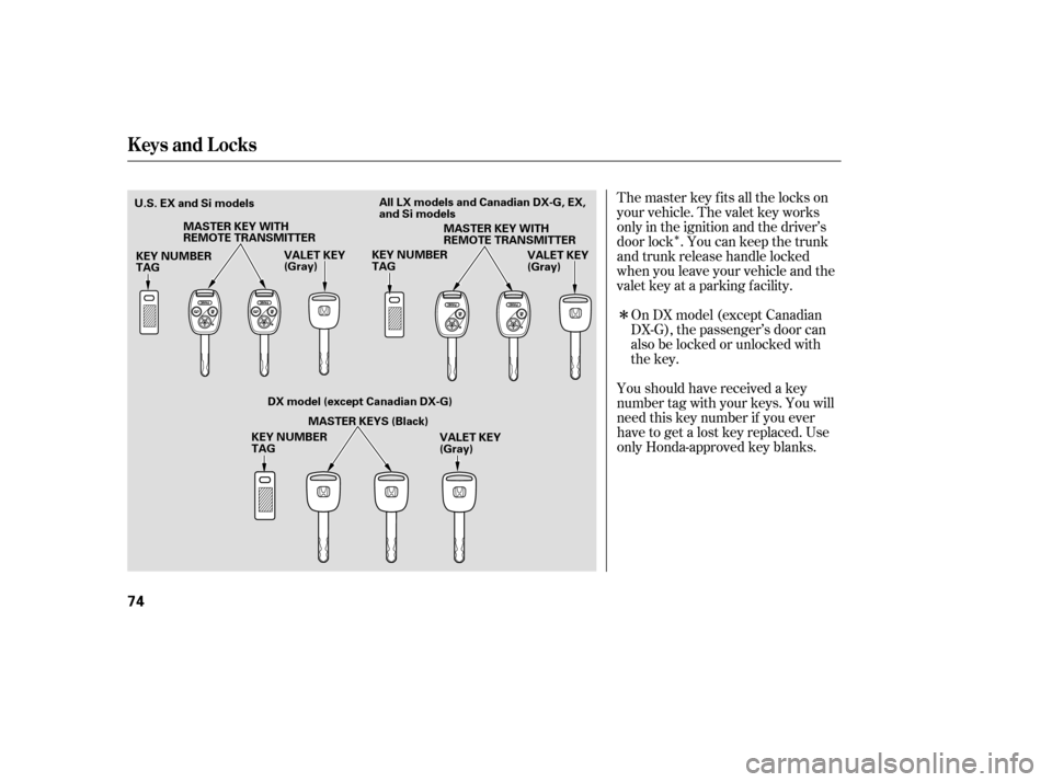 HONDA CIVIC COUPE 2006 8.G Manual PDF Î
Î The master key fits all the locks on
your vehicle. The valet key works
only in the ignition and the driver’s
door lock . You can keep the trunk
and trunk release handle locked
when you leave