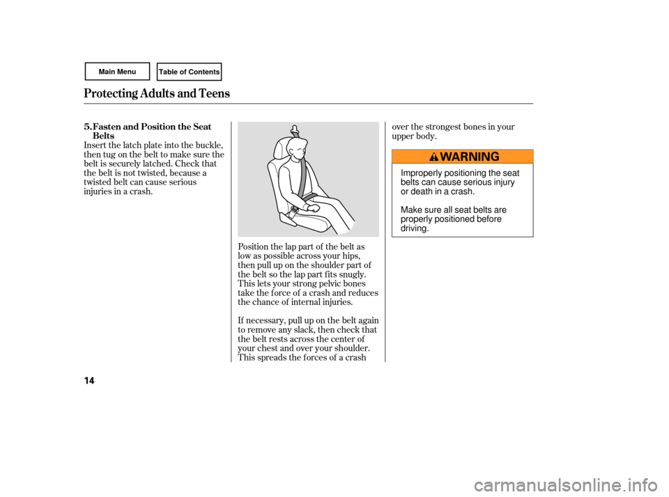 HONDA CIVIC COUPE 2007 8.G User Guide Position the lap part of the belt as
low as possible across your hips,
then pull up on the shoulder part of
the belt so the lap part f its snugly.
This lets your strong pelvic bones
take the force of 