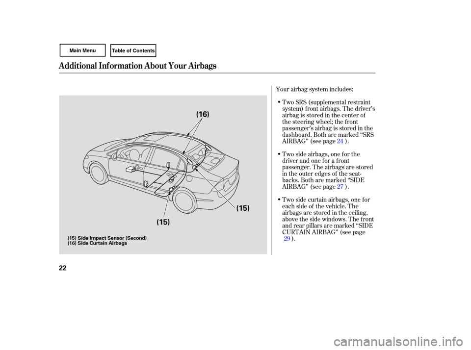 HONDA CIVIC COUPE 2007 8.G Owners Manual Two SRS (supplemental  restraint
system)  front airbags.  The driver’s
airbag  is stored  in the  center  of
the  steering  wheel; the front
passenger’sairbagisstoredinthe
dashboard.  Both are mar