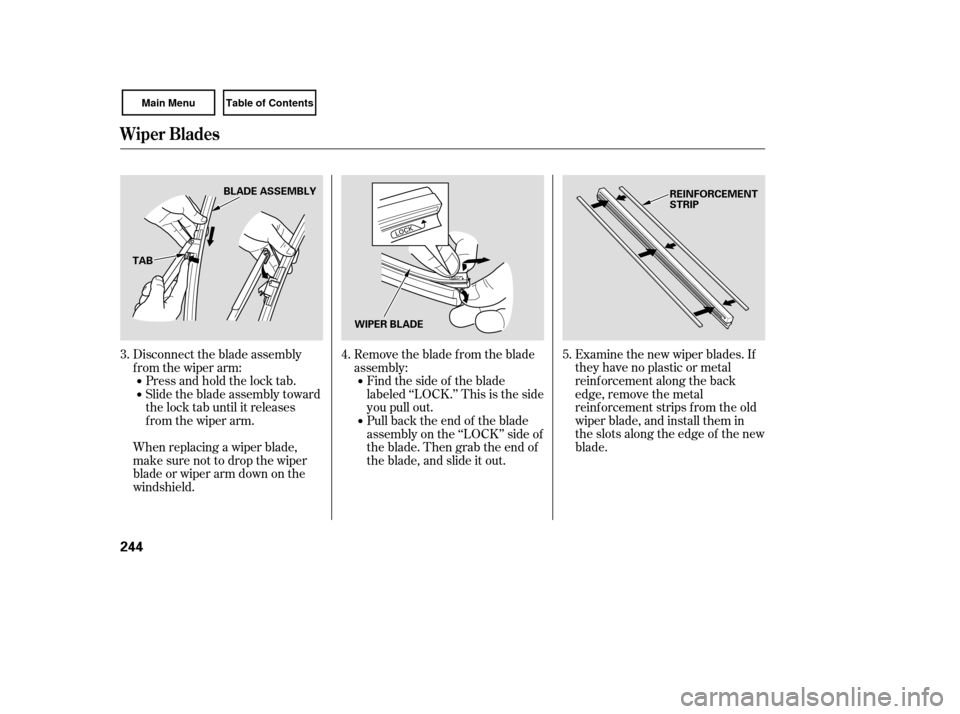 HONDA CIVIC COUPE 2007 8.G Owners Manual Examine the new wiper blades. If
they have no plastic or metal
reinf orcement along the back
edge, remove the metal
reinf orcement strips f rom the old
wiper blade, and install them in
the slots along HONDA CIVIC COUPE 2007 8.G Owners Manual Examine the new wiper blades. If
they have no plastic or metal
reinf orcement along the back
edge, remove the metal
reinf orcement strips f rom the old
wiper blade, and install them in
the slots along