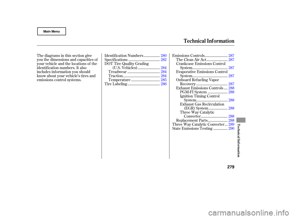 HONDA CIVIC COUPE 2007 8.G Owners Manual Thediagramsinthissectiongive
you the dimensions and capacities of
your vehicle and the locations of the
identif ication numbers. It also
includes inf ormation you should
know about your vehicle’s ti