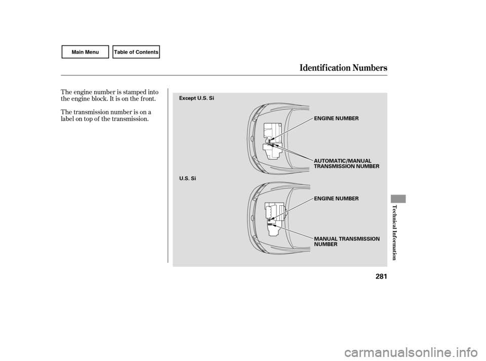 HONDA CIVIC COUPE 2007 8.G Owners Manual The engine number is stamped into
the engine block. It is on the f ront.
The transmission number is on a
label on top of the transmission.
Identif ication Numbers
Technical Inf ormation
281
MANUAL TRA