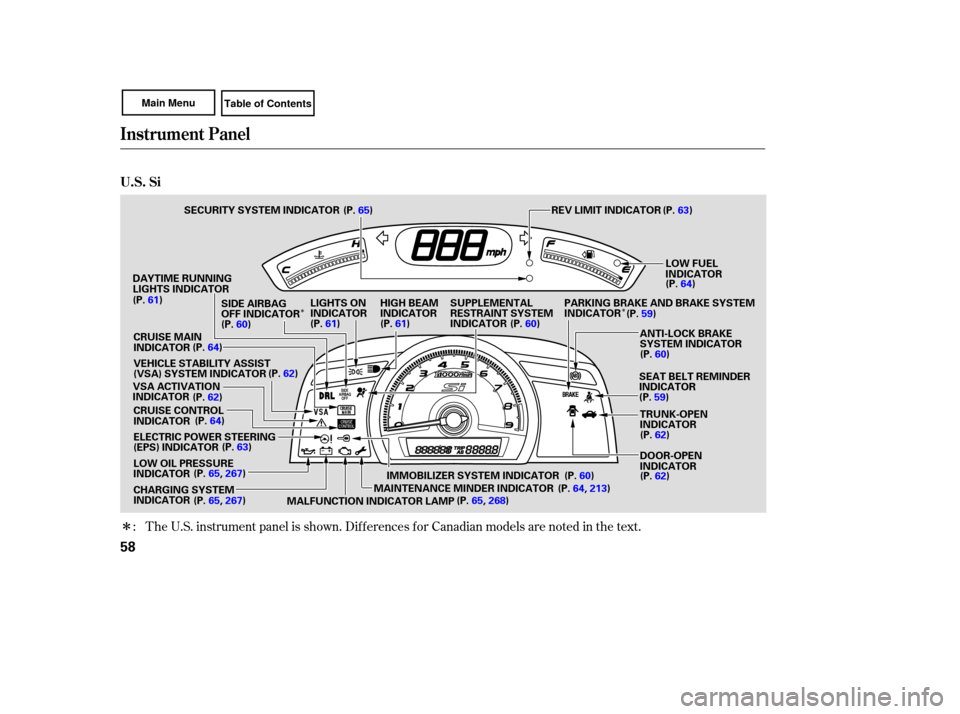 HONDA CIVIC COUPE 2007 8.G Repair Manual Î
ÎÎ
The 
U.S.  instrument  panel is shown.  Differences  for Canadian  models are noted  in the  text.
:
Instrument  Panel
U.S. Si
58
LOW  OIL PRESSURE
INDICATOR SECURITY 
SYSTEM INDICATOR
LOW 
