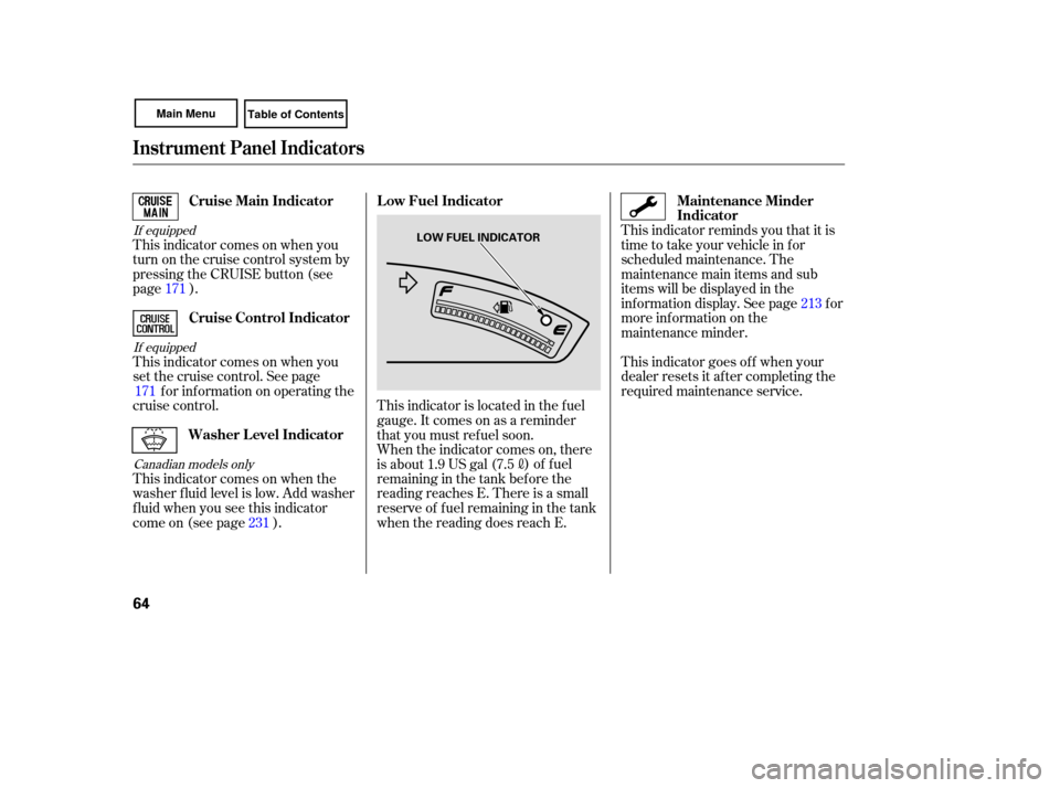 HONDA CIVIC COUPE 2007 8.G Owners Manual This indicator  comes  on when  you
set  the  cruise  control.  See page
for  information  on operating  the
cruise  control.
This  indicator  comes  on when  the
washer  fluid level  is low.  Add  wa