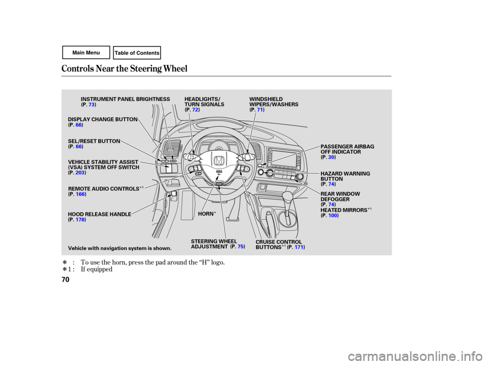 HONDA CIVIC COUPE 2007 8.G Owners Manual ÎÎ
Î
Î
Î
ÎTo 
use  the horn,  press  the pad  around  the ‘‘H’’  logo.
:
1  :  If equipped
Controls  Near the Steering  Wheel
70
HEADLIGHTS/
TURN SIGNALS
HAZARD WARNING
BUTTON PASS