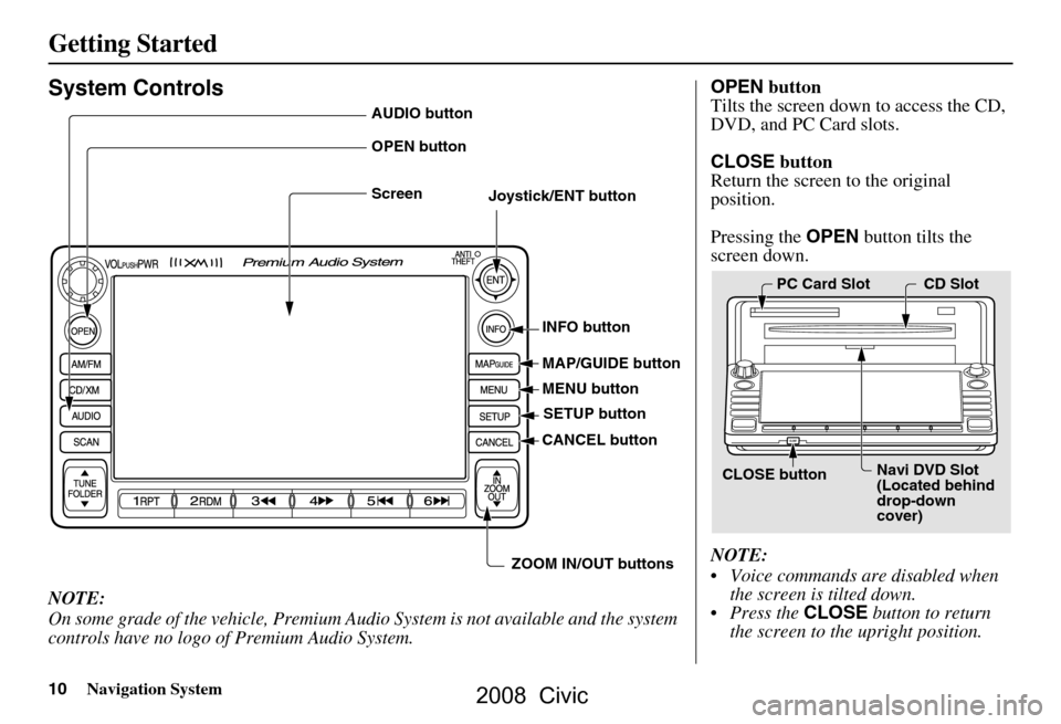 HONDA CIVIC COUPE 2008 8.G Navigation Manual 10Navigation System
Getting Started
System Controls
NOTE: 
On some grade of the vehicle, Premium Audio System is not available and the system  
controls have no logo of Premium Audio System.
AUDIO but