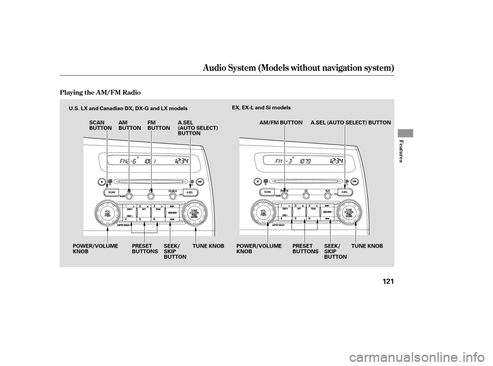 HONDA CIVIC COUPE 2008 8.G Owners Manual Audio System (Models without navigation system)
Playing the AM/FM Radio
Features
121
SCAN 
BUTTONAM
BUTTONFM
BUTTON
POWER/VOLUMEKNOB PRESET
BUTTONS TUNE KNOB
TUNE KNOB
PRESET
BUTTONS
POWER/VOLUMEKNOB
