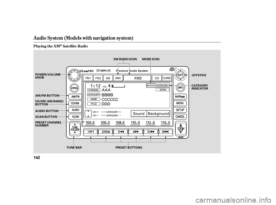 HONDA CIVIC COUPE 2008 8.G Owners Manual Audio System (Models with navigation system)
Playing the XMSatellite Radio
142
TUNE BARJOYSTICK
CATEGORY 
INDICATOR
PRESET BUTTONS
XM RADIO ICON MODE ICON
PRESET CHANNEL
NUMBER
SCAN BUTTON
AUDIO BUTTO