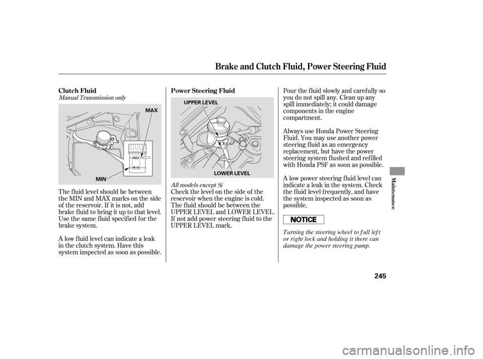 HONDA CIVIC COUPE 2008 8.G Owners Manual Check the level on the side of the
reservoir when the engine is cold.
The f luid should be between the
UPPER LEVEL and LOWER LEVEL.
If not add power steering f luid to the
UPPER LEVEL mark.
The f lui HONDA CIVIC COUPE 2008 8.G Owners Manual Check the level on the side of the
reservoir when the engine is cold.
The f luid should be between the
UPPER LEVEL and LOWER LEVEL.
If not add power steering f luid to the
UPPER LEVEL mark.
The f lui