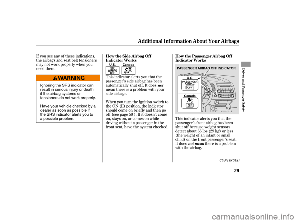 HONDA CIVIC COUPE 2008 8.G Owners Guide This indicator alerts you that the 
passenger’s side airbag has been
automatically shut off. It does
mean there is a problem with your
side airbags.
If you see any of these indications,
the airbags 