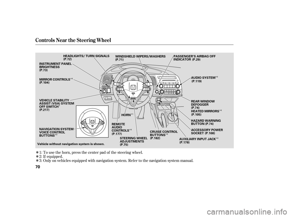 HONDA CIVIC COUPE 2008 8.G Repair Manual ÎÎ
Î
Î
Î
Î Î
Î
Î
Î ÎÎ
To use the horn, press the center pad of the steering wheel.
If equipped.
Only on vehicles equipped with navigation system. Ref er to the navigati
on syst