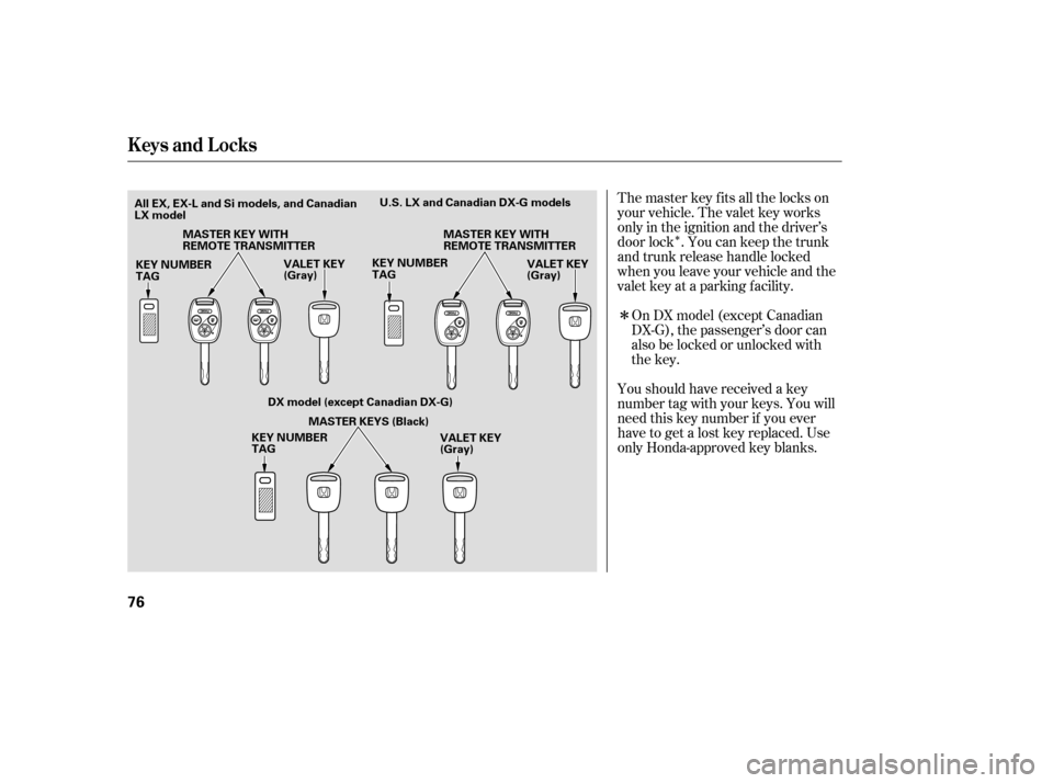 HONDA CIVIC COUPE 2008 8.G Owners Manual Î
Î
The master key fits all the locks on 
your vehicle. The valet key works
only in the ignition and the driver’s
door lock . You can keep the trunk
and trunk release handle locked
when you leav