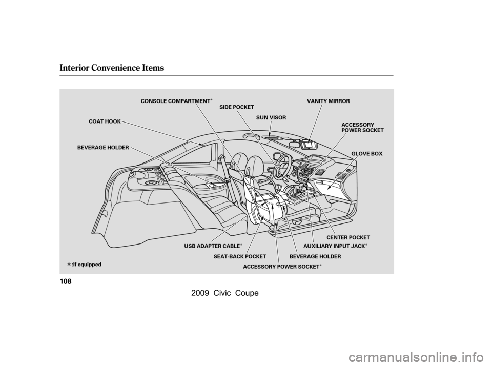 HONDA CIVIC COUPE 2009 8.G Owners Manual ÎÎ Î
Î
Î
Interior Convenience Items
108
VANITY MIRROR
GLOVE BOX
ACCESSORY 
POWER SOCKET
COAT HOOK CONSOLE COMPARTMENT
:If equipped BEVERAGE HOLDER
SUN VISOR
CENTER POCKET
SIDE POCKET
USB ADA