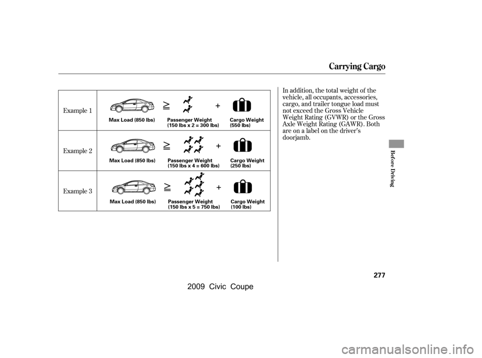 HONDA CIVIC COUPE 2009 8.G Owners Manual In addition, the total weight of the 
vehicle, all occupants, accessories,
cargo, and trailer tongue load must 
not exceed the Gross Vehicle 
Weight Rating (GVWR) or the Gross
Axle Weight Rating (GAWR