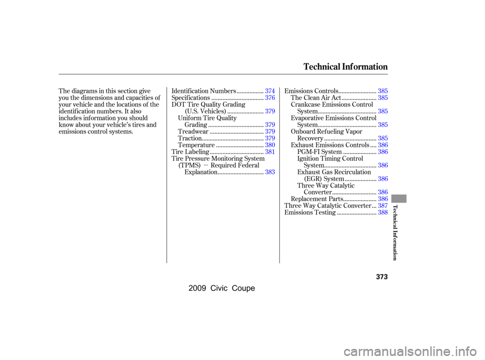 HONDA CIVIC COUPE 2009 8.G Owners Manual µ
Thediagramsinthissectiongive 
you the dimensions and capacities of
your vehicle and the locations of the
identif ication numbers. It also 
includes inf ormation you should
know about your vehicle�