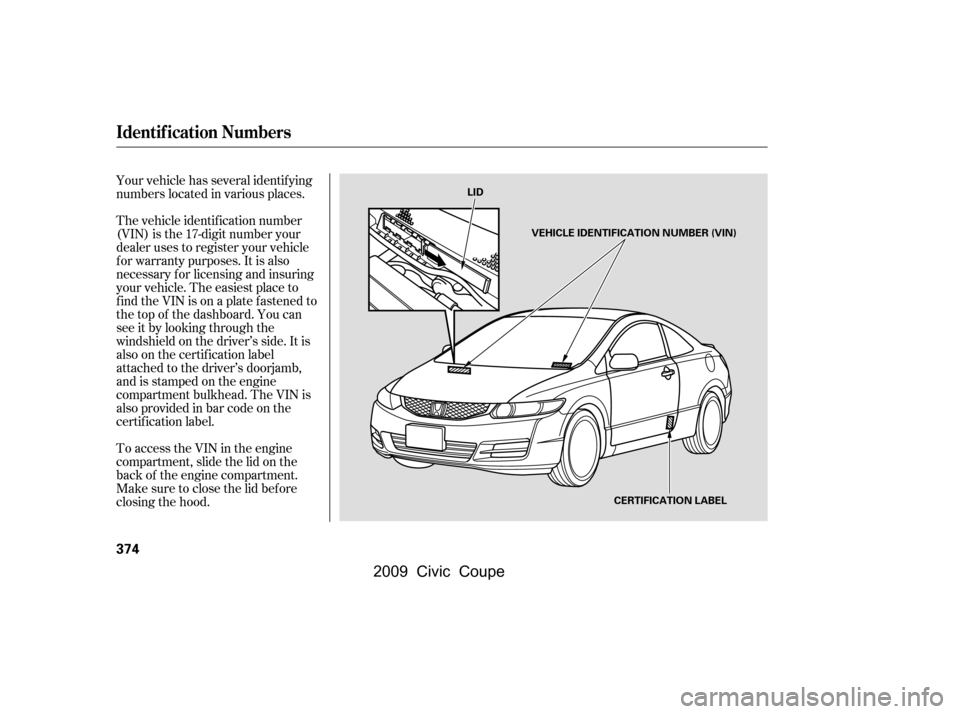 HONDA CIVIC COUPE 2009 8.G Owners Manual Your vehicle has several identif ying 
numbers located in various places. 
The vehicle identif ication number 
(VIN) is the 17-digit number your
dealer uses to register your vehicle
f or warranty purp