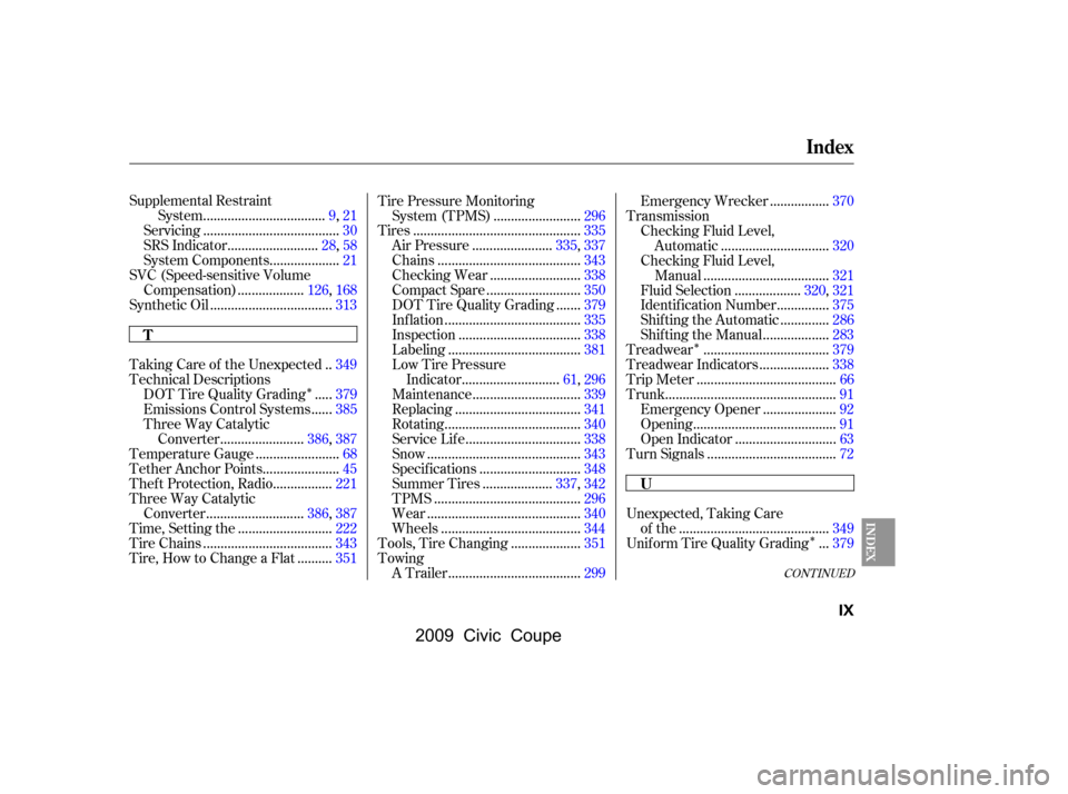 HONDA CIVIC COUPE 2009 8.G Owners Manual ÎÎ
Î
CONT INUED
Supplemental Restraint..................................
System.9,21
......................................
Servicing .30
.........................
SRS Indicator .28,58
.........