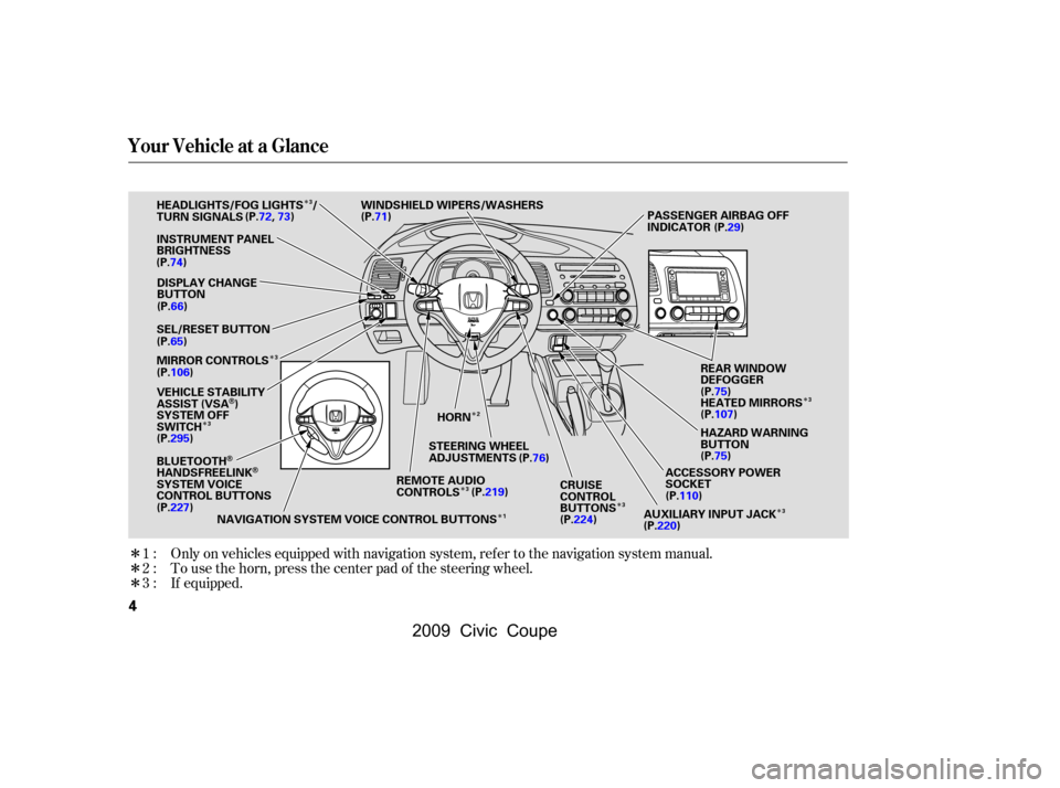 HONDA CIVIC COUPE 2009 8.G Owners Manual 
Î
Î
Î
Î
Î
Î Î
Î
Î
Î
Î Î
Only on vehicles equipped with navigation system, ref er to the navigation system manual.
To use the horn, press the center pad of the steering wheel.
