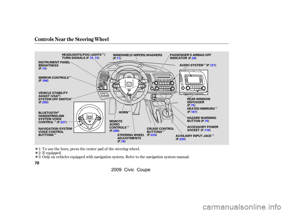 HONDA CIVIC COUPE 2009 8.G Manual PDF ÎÎ
Î
Î
Î Î
Î
Î Î
Î
Î
Î 
Î
Î To use the horn, press the center pad of the steering wheel.
If equipped.
Only on vehicles equipped with navigation system. Ref er to the naviga