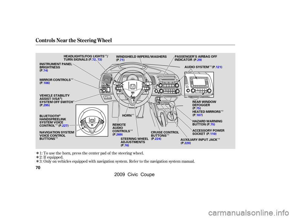 HONDA CIVIC COUPE 2009 8.G Owners Manual ÎÎ
Î
Î
Î Î
Î
Î Î
Î
Î
Î 
Î
Î To use the horn, press the center pad of the steering wheel.
If equipped.
Only on vehicles equipped with navigation system. Ref er to the naviga