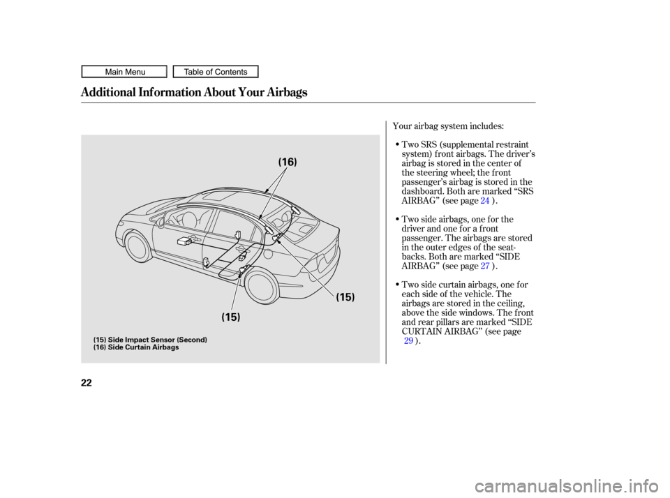 HONDA CIVIC COUPE 2010 8.G Owners Manual Two SRS (supplemental restraint
system) f ront airbags. The driver’s
airbag is stored in the center of
the steering wheel; the f ront
passenger’sairbagisstoredinthe
dashboard. Both are marked ‘�