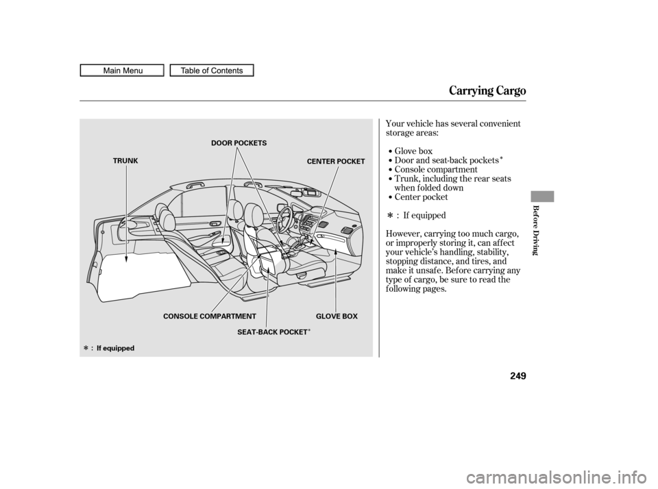 HONDA CIVIC COUPE 2010 8.G Owners Manual Î
Î
Î
Î
Your vehicle has several convenient
storage areas:Glove box
Console compartment
Trunk, including the rear seats
when f olded down
Center pocket Door and seat-back pockets
However, carr