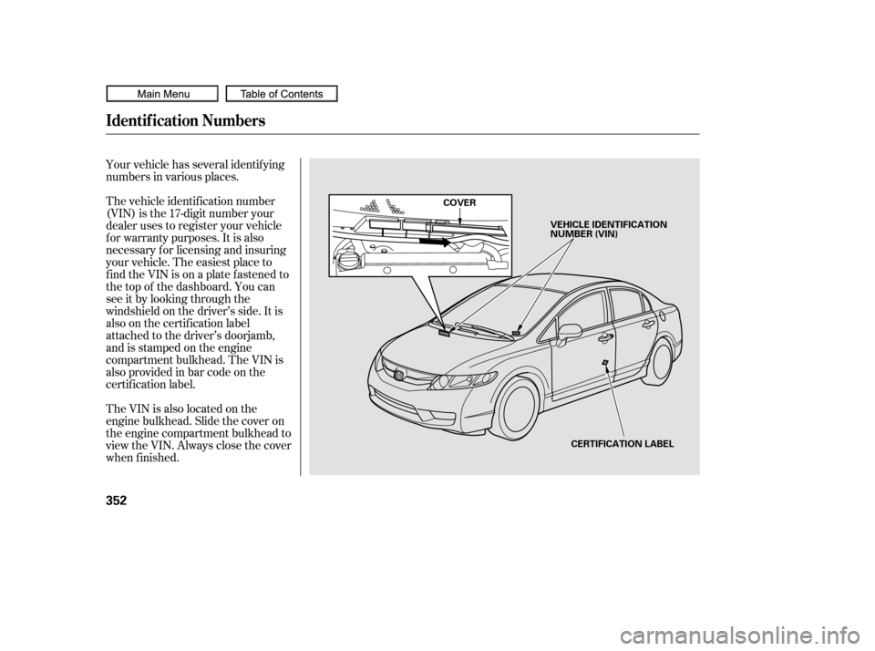 HONDA CIVIC COUPE 2010 8.G Owners Manual Your vehicle has several identif ying
numbers in various places.
The vehicle identif ication number
(VIN) is the 17-digit number your
dealer uses to register your vehicle
f or warranty purposes. It is