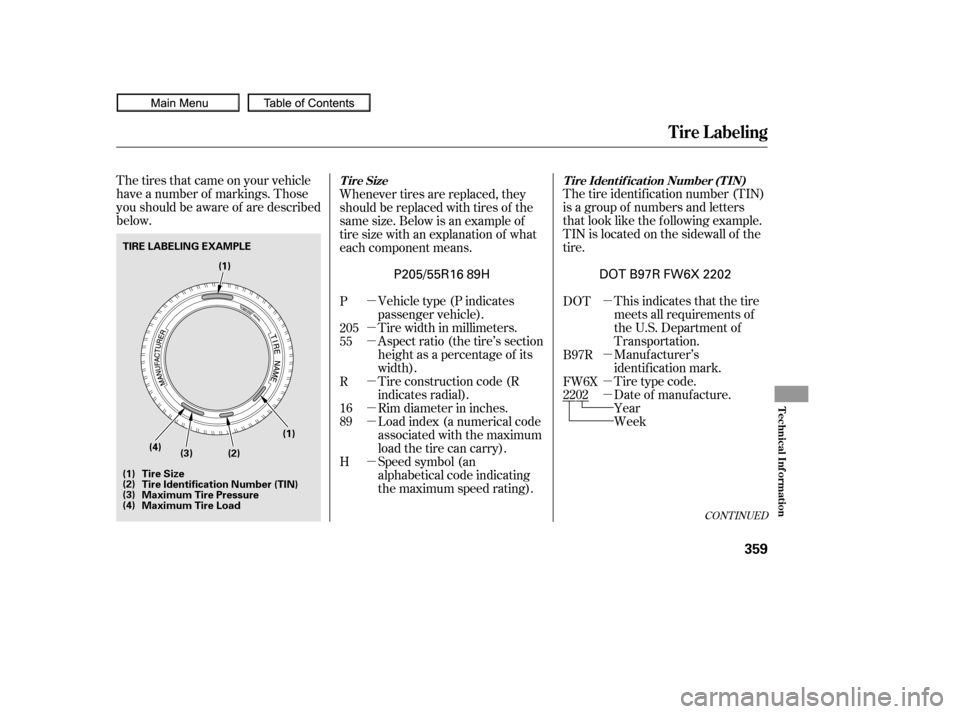 HONDA CIVIC COUPE 2010 8.G Owners Manual µ
µ
µ
µ
µ
µ
µ
µ
µ
µ
µ
The tires that came on your vehicle
have a number of markings. Those
you should be aware of are described
below.
The tire identif ication number (TIN)
is a 