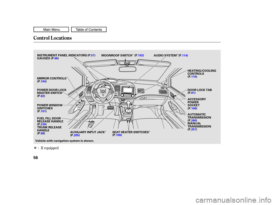 HONDA CIVIC COUPE 2010 8.G Workshop Manual Î
Î Î
Î
Î
Î
Î If equipped
:
Control L ocations
56
POWER WINDOW
SWITCHES AUDIO SYSTEM
HEATING/COOLING
CONTROLS
POWER DOOR LOCK
MASTER SWITCH MOONROOF SWITCH
INSTRUMENT PANEL INDICATORS
AC