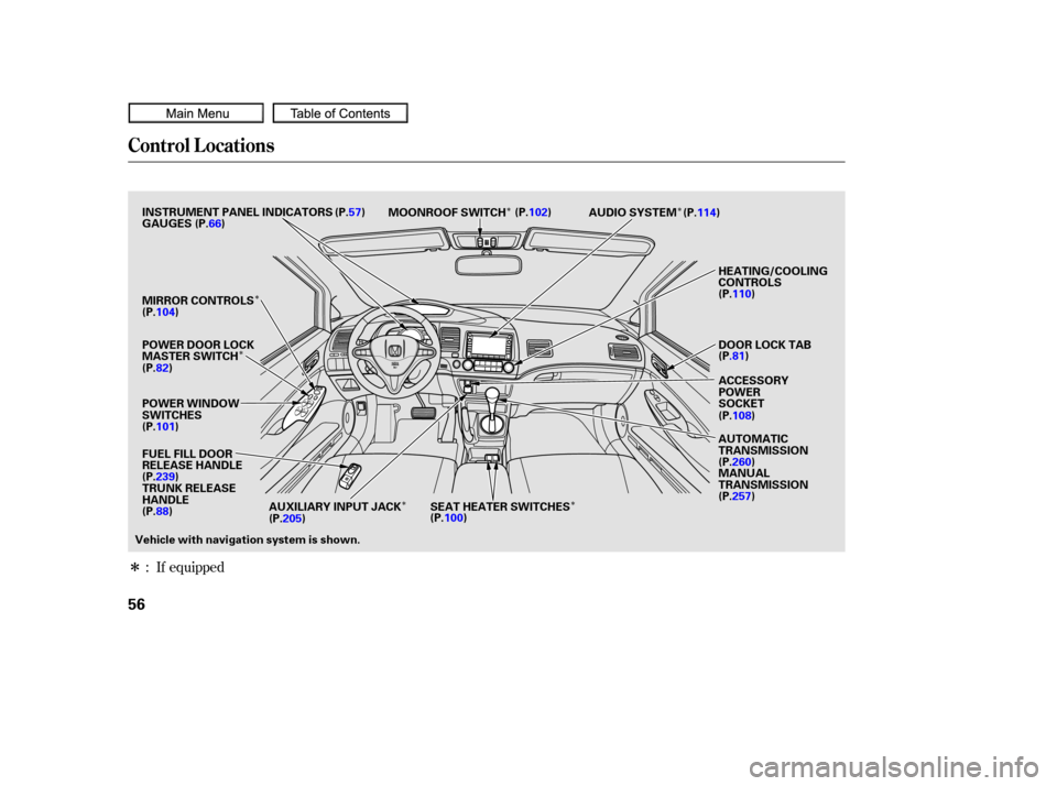 HONDA CIVIC COUPE 2010 8.G Owners Manual Î
Î Î
Î
Î
Î
Î If equipped
:
Control L ocations
56
POWER WINDOW
SWITCHES AUDIO SYSTEM
HEATING/COOLING
CONTROLS
POWER DOOR LOCK
MASTER SWITCH MOONROOF SWITCH
INSTRUMENT PANEL INDICATORS
AC