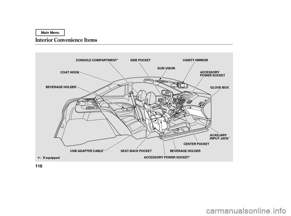 HONDA CIVIC COUPE 2011 8.G Owners Manual Î
Î
Î Î
Î
Interior Convenience Items
110
ACCESSORY 
POWER SOCKET
BEVERAGE HOLDER
ACCESSORY POWER SOCKETBEVERAGE HOLDER
: If equipped COAT HOOK
CONSOLE COMPARTMENT SIDE POCKET
USB ADAPTER CAB