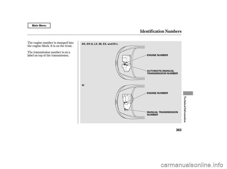 HONDA CIVIC COUPE 2011 8.G Owners Manual The engine number is stamped into 
the engine block. It is on the f ront. 
The transmission number is on a 
label on top of the transmission.
Identif ication Numbers
T echnical Inf ormation
363
MANUAL